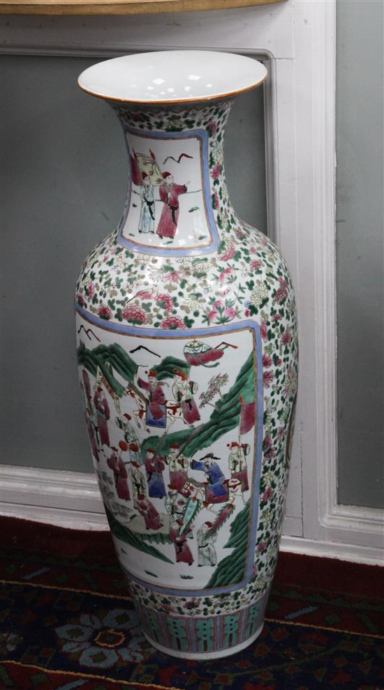 A pair of massive Chinese famille rose baluster vases, 100cm, wood stands